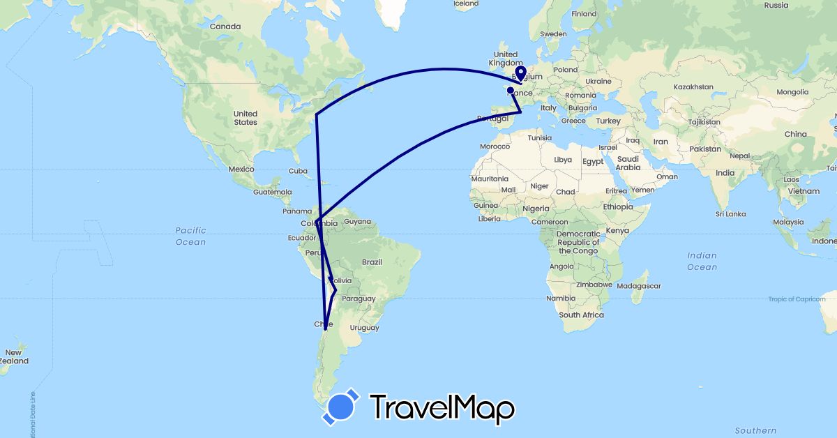 TravelMap itinerary: driving in Bolivia, Chile, Colombia, Spain, France, United States (Europe, North America, South America)